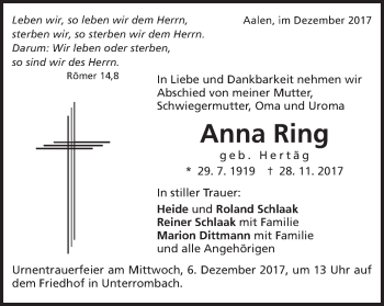 Traueranzeige von Anna Ring von Schwäbische Post