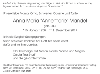 Traueranzeige von Anna Maria Mandel von Schwäbische Post