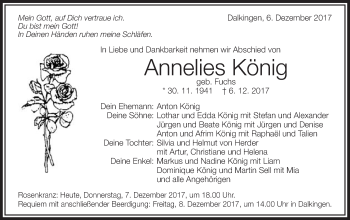 Traueranzeige von Annelies König von Schwäbische Post