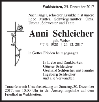 Traueranzeige von Anni Schleicher von Gmünder Tagespost