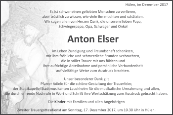 Traueranzeige von Anton Elser von Schwäbische Post