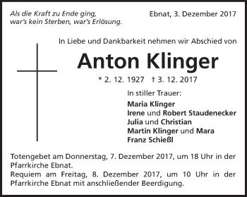 Traueranzeige von Anton Klinger von Schwäbische Post