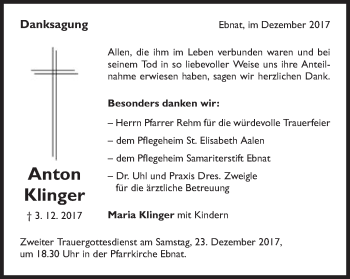 Traueranzeige von Anton Klinger von Schwäbische Post