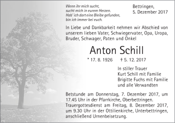 Traueranzeige von Anton Schill von Gmünder Tagespost