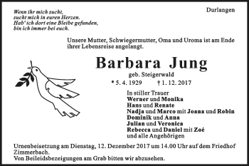 Traueranzeige von Barbara Jung von Gmünder Tagespost