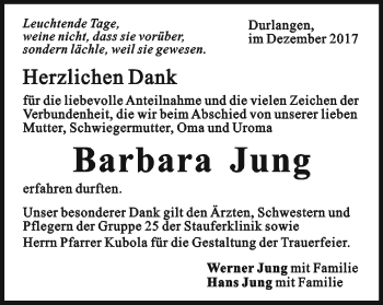 Traueranzeige von Barbara Jung von Gmünder Tagespost