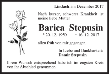 Traueranzeige von Barica Stepusin  von Gmünder Tagespost