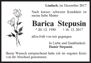 Traueranzeige von Barica Stepusin 