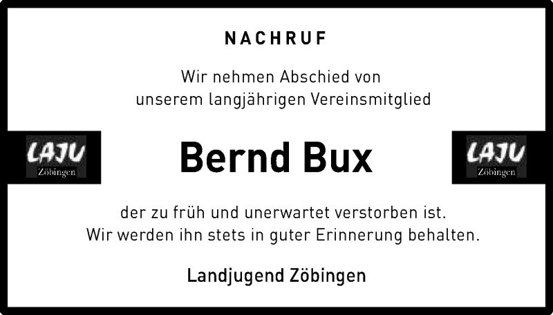  Traueranzeige für Bernd Bux vom 22.12.2017 aus Schwäbische Post