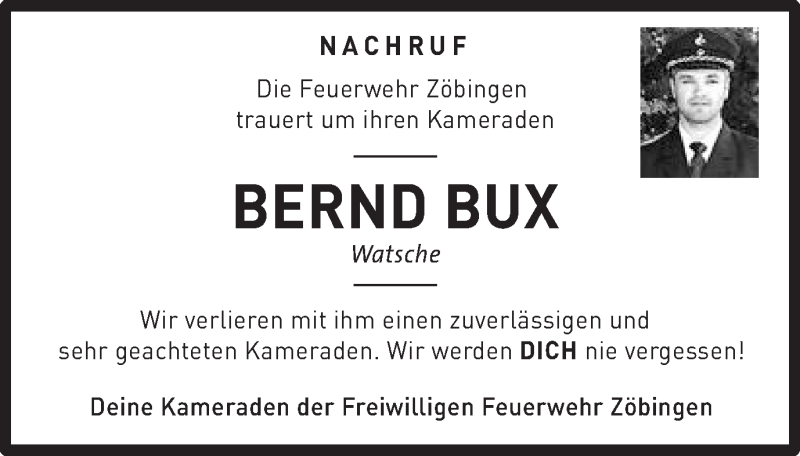  Traueranzeige für Bernd Bux vom 22.12.2017 aus Schwäbische Post