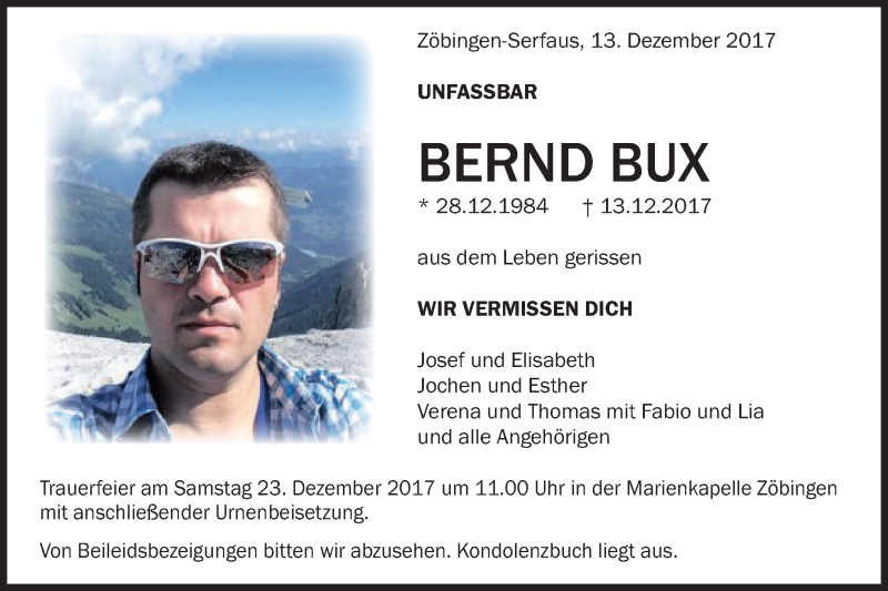  Traueranzeige für Bernd Bux vom 21.12.2017 aus Schwäbische Post