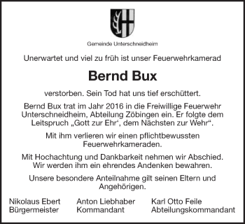 Traueranzeige von Bernd Bux von Schwäbische Post