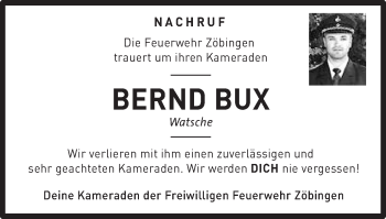 Traueranzeige von Bernd Bux von Schwäbische Post