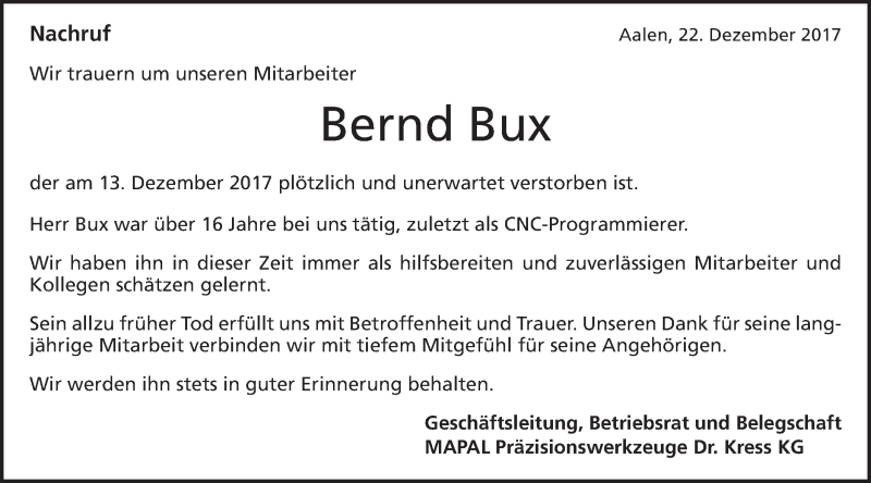  Traueranzeige für Bernd Bux vom 22.12.2017 aus Schwäbische Post