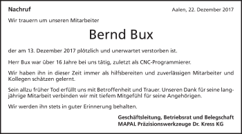 Traueranzeige von Bernd Bux von Schwäbische Post
