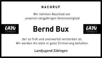 Traueranzeige von Bernd Bux von Schwäbische Post