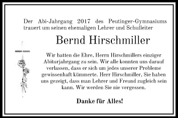 Traueranzeige von Bernd Hirschmiller von Schwäbische Post