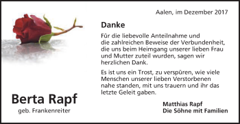 Traueranzeige von Berta Rapf von Schwäbische Post
