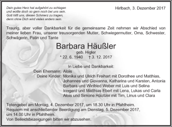 Traueranzeige von Brabara Häußler von Schwäbische Post