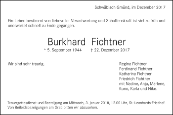 Traueranzeige von Burkhard Fichtner von Gmünder Tagespost