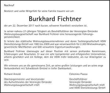 Traueranzeige von Burkhard Fichtner von Gmünder Tagespost
