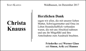 Traueranzeige von Christa Knauss von Gmünder Tagespost