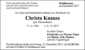 Traueranzeige von Christa Knauss von Gmünder Tagespost