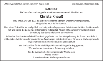 Traueranzeige von Christa Knauß von Gmünder Tagespost