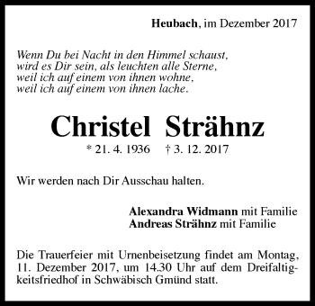 Traueranzeige von Christel Strähnz von Gmünder Tagespost