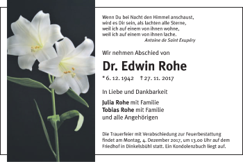 Traueranzeige von Edwin Rohe von Schwäbische Post
