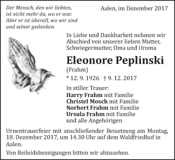 Traueranzeige von Eleonore Peplinski von Schwäbische Post