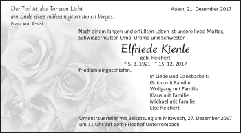 Traueranzeige von Elfriede Kienle von Schwäbische Post