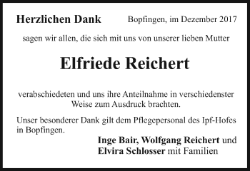Traueranzeige von Elfriede Reichert von Schwäbische Post
