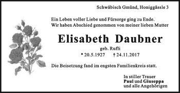 Traueranzeige von Elisabeth Daubner von Gmünder Tagespost
