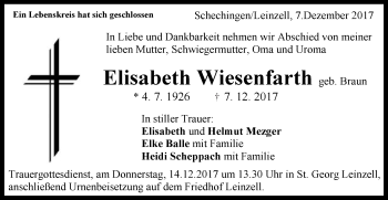 Traueranzeige von Elisabeth Wiesenfarth von Gmünder Tagespost