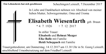 Traueranzeige von Elisabeth Wiesenfarth