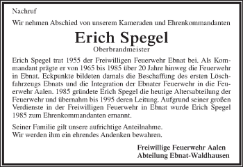 Traueranzeige von Erich Spegel von Schwäbische Post