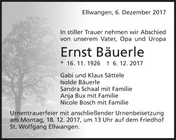 Traueranzeige von Ernst Bäuerle von Schwäbische Post