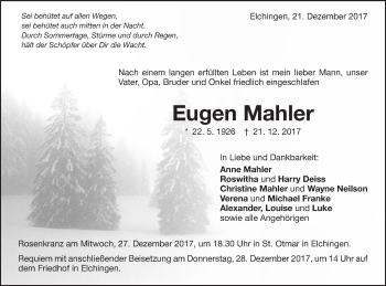 Traueranzeige von Eugen Mahler von Schwäbische Post
