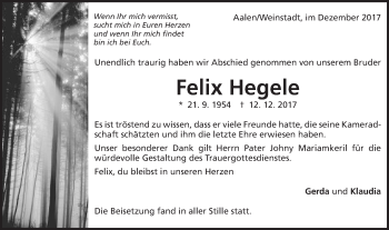Traueranzeige von Felix Hegele von Schwäbische Post
