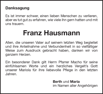 Traueranzeige von Franz Hausmann von Amtsblatt_Oko