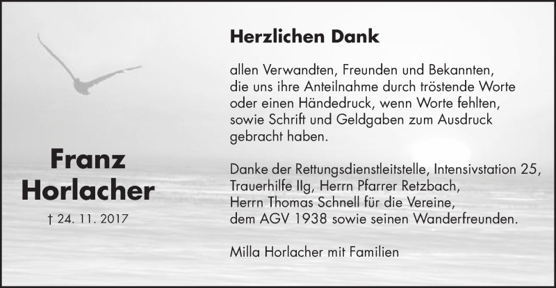  Traueranzeige für Franz Horlacher vom 14.12.2017 aus Schwäbische Post