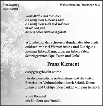 Traueranzeige von Franz Klement von Gmünder Tagespost