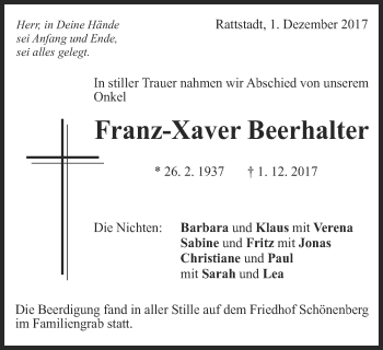 Traueranzeige von Franz-Xaver Beerhalter von Schwäbische Post