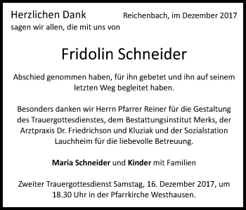 Traueranzeige von Fridolin Schneider von Schwäbische Post