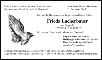 Traueranzeige von Frieda Lacherbauer von Gmünder Tagespost