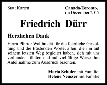 Traueranzeige von Friedrich Dürr von Gmünder Tagespost