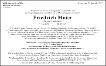 Traueranzeige von Friedrich Maier von Schwäbische Post