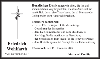 Traueranzeige von Friedrich Wohlfarth von Schwäbische Post