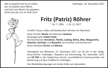Traueranzeige von Fritz Röhrer von Schwäbische Post